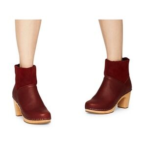 Swedish Hasbeens Shearling Wine Red Wooden Heeled Clog Bootie EU 38 US 8